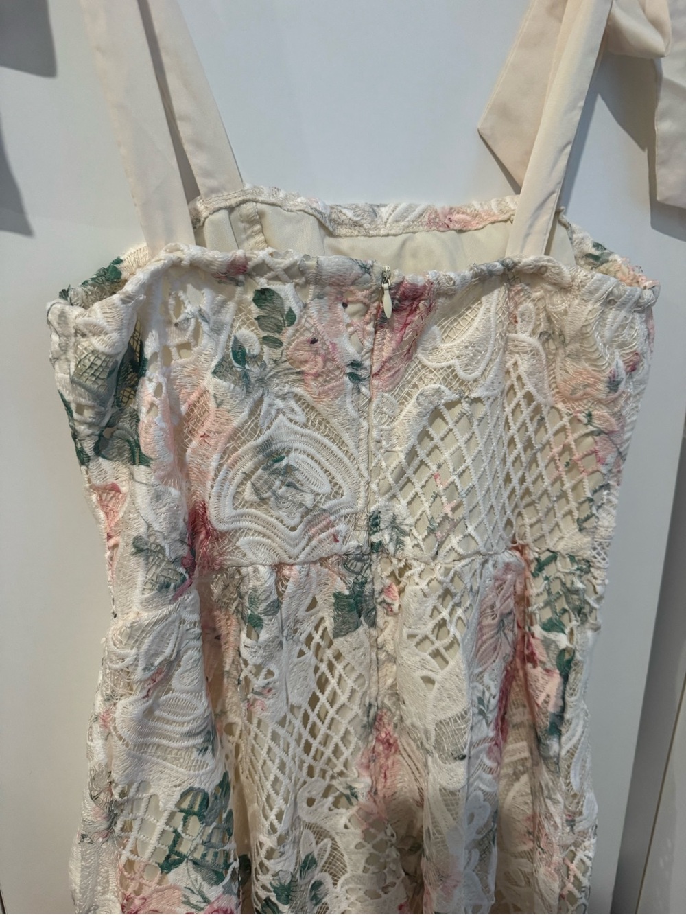 Ivory Floral Lace Midi Dress with Tie Straps - Picture 3 of 7